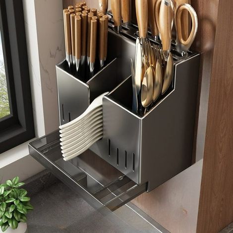 Portacoltelli e bacchette da cucina, portacoltelli multifunzionale senza foratura, mensola da parete con porta bacchette integrato (1/4)