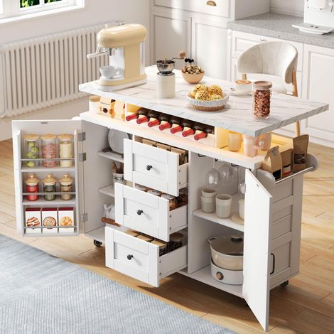 Îlot de cuisine mobile avec plan de travail rabattable, chariot de cuisine, 5 roues, étagère de porte, casier à bouteilles et porte-verres, 120 x 42 (60) x 93 cm