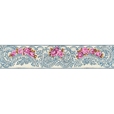 AS Creation Wolfgang Joop White Blue Rose Swirl Wallpaper Border Floral Textured