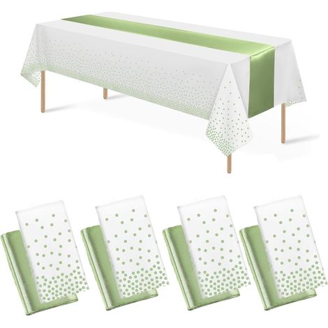 Lot de 8 nappes rectangulaires jetables en plastique pour fêtes, événements et mariages, intérieur et extérieur, 137 x 274 cm (blanc et vert sauge, 137 x 274 cm + 30 x 274 cm) (1/5)