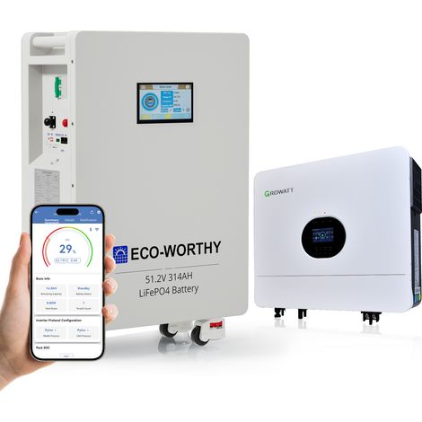 ECO-WORTHY 16.1kWh 48V 314Ah(V1) LiFePO4 Lithium Battery + 6000W 48V Hybrid Inverter High Capacity Energy Storage,200A PACE BMS Dual 125A Circuit Breakers (1/5)