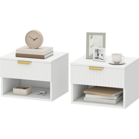 ote de 2 mesitas de noche colgantes 40 x 34 x 29 cm modernas con cajón acanalado y hueco ahorra espacio de MDF blanco 21000376 (1/5)