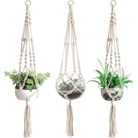 Support suspendu pour plantes - Sac en filet pour pot de fleurs - Tissé - 105 cm - Décoration intérieure - Lot de 3 (1/5)