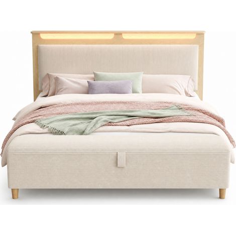 Lit double 140x200 cm avec banc de lit, tête de lit avec LED, coffre de rangement et matelas inclus, revêtement cordon beige, CHICFURN (1/5)