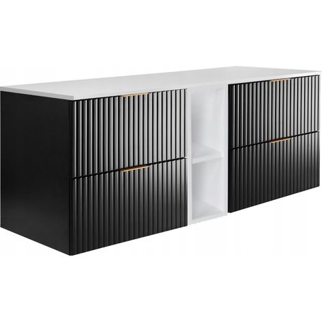 Rodan Waschbeckenunterschrank 140 cm, Schwarz Matt mit weißer Ablage und Waschtischplatte, 46 x 140 x 57 cm, feuchtraumgeeignet