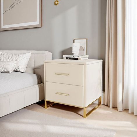 Mesita de noche, lote de 2, con 2 cajones, Base electrochapada en oro, Estilo moderno, Dormitorio, Terciopelo, Beige
