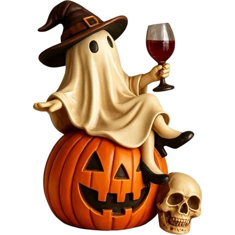 Halloween Kürbis Statue aus Kunstharz mit Hut, Wein Glas Tischdeko – ideal als Geschenk für Halloween-Fans (1/5)
