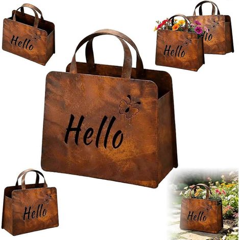 Jardinière métal rustique forme sac à main style ferme vintage double face marron 1 pièce (1/5)