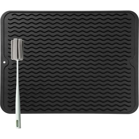 Grand Tapis Egouttoir Vaisselle - Évier Épais pour Un Séchage Rapide, 40 x 30 cm de avec Éponge Brosse, sans BPA, Égouttoir à Pliable Antidérapant Noir 40x30'Noir 40x30 cm'Noir'40x30 cm