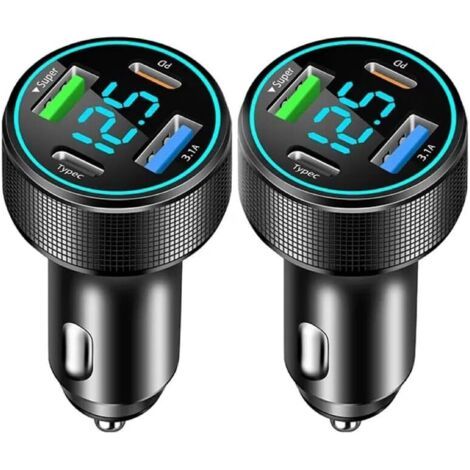 QORVA-4 Ports Allume Cigare USB C, 66W QC3.0 ChargeurAallume Cigare & PD 30W Chargeur Voiture avec voltmètre LED(2 Pièces )