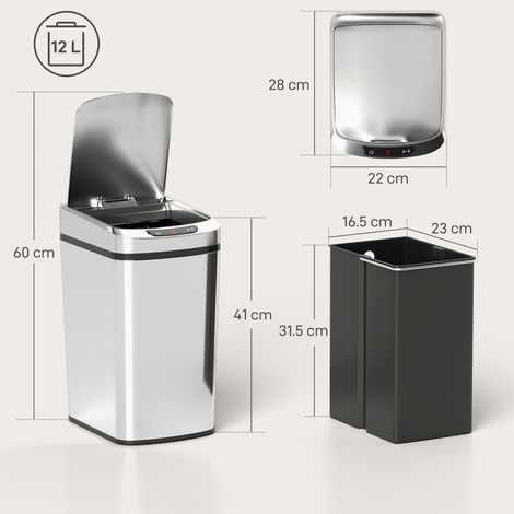 Poubelle infrarouge 12 L (avec seau amovible), en acier inoxydable, plastique ABS et PP, 28 x 22 x 41 cm, argent (1/5)
