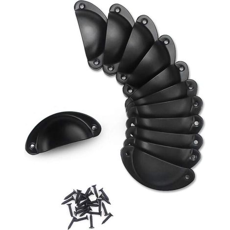 (Schwarz) 12 Vintage-Muschelgriffe 81 x 35 mm für Küchenschranktüren, Schubladen und Türen, mit 24 Schrauben. (1/4)