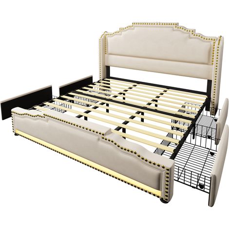 Cama tapizada 180x200 cm de terciopelo beige con 4 cajones, LED y puertos USB-C, base de láminas (1/5)