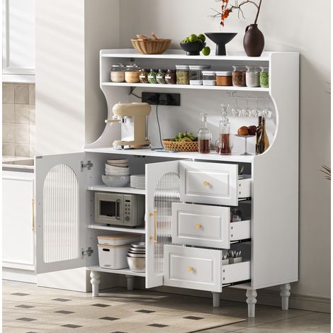 REDOM - Aparador alto 120x40x138.5 cm, puertas de vidrio acanalado, 3 cajones, MDF, blanco (1/5)