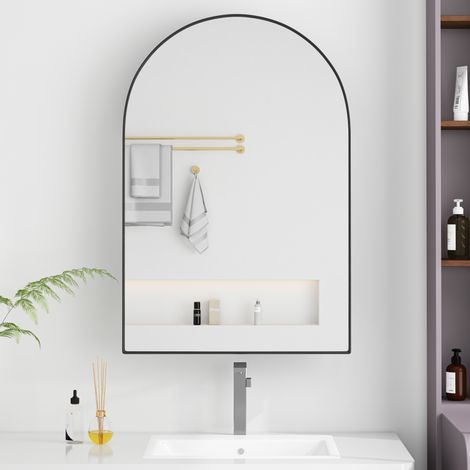 Armoire de toilette miroir noire en métal avec porte cintrée, étagères réglables et pose murale ou encastrée (1/5)