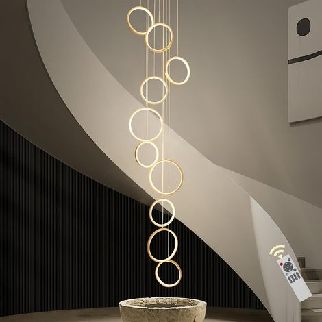 Modern LED Chandelier with Remote Control, 10 Rings Gold Foyer Chandeliers for High Ceilings, Dimmable Long Led Pendant Light Fixture for Entryway Staircase Foyer, 3000K-6000K (1/5)