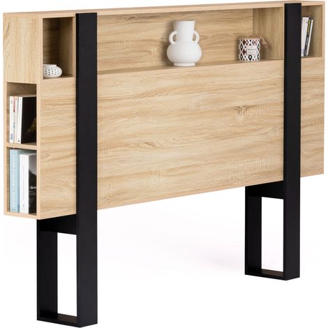 Idmarket – Tête de lit sur pied 160 cm – Rangement bois et noir – Design industriel – Pieds larges 43 cm pour stabilité