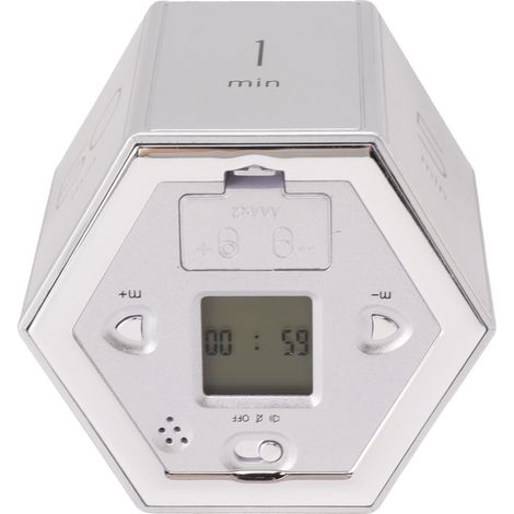 Minuteur hexagonal à bascule avec alarme silencieuse, minuteur magnétique cubique avec écran LCD pour la cuisine, les études et le travail, couleur argent. (1/5)