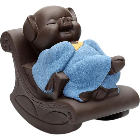 Figurine Déco Cochon en Argile Violette sur Plateau pour Thé, Ornement de Bureau Original, Accessoire Créatif pour Décoration Intérieure, Présent Artistique pour Amateurs de Thé (1/5)
