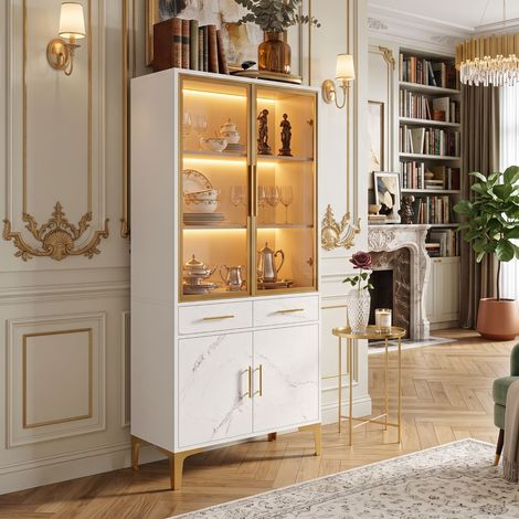 Creahappy Vitrine Haute avec LED Connectée 75x38x170 cm - Rangement Salon & Vaisselier - Portes Verre Effet Marbre Blanc et Doré (1/5)
