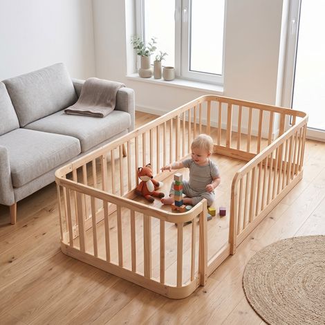 Parc Bébé Modulable Barrière de Sécurité en Bois Naturel pour Intérieur 140 x 200 cm - PANGIVO (1/5)
