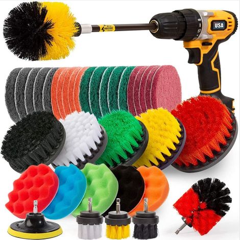 Set di spazzole per trapano da 37 pezzi, Spazzola per trapano con tampone esfoliante, Spugna lucidante, per la pulizia di bagno, doccia, moquette, malta e piastrelle (1/5)