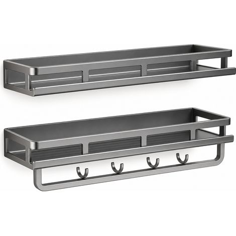Étagère de salle de bain double niveau 50 cm, gris métallisé — support sans perçage avec barre pour produits de toilette (1/5)
