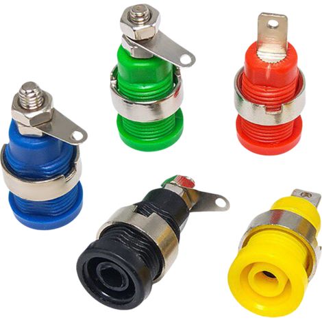 Prise banane de sécurité 4 mm en cuivre pur, 32 A, haute intensité, avec connecteur femelle et bornier pour instrument. 5 écrous de couleur. (1/2)