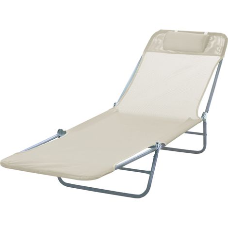 Klappbarer Gartenliegestuhl mit 5-fach verstellbarer Kopfstütze, Feldbett, 120 kg, cremefarben