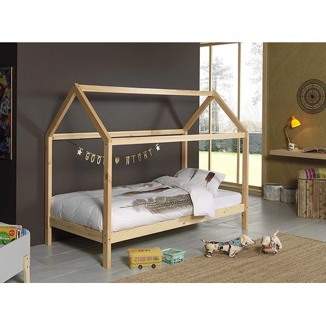 Lit cabane 90x200 avec matelas pin massif clair Kali (1/3)
