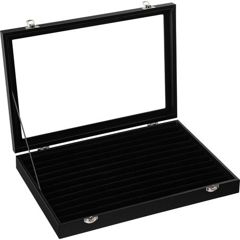 Jewelry Display Case, Jewelry Box, for Rings, Stud Earrings, Glass Lid, Black (1/5)