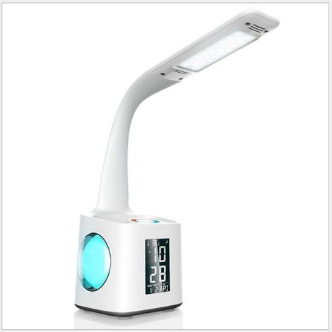 Lampe de Bureau LED Dimmable,Lampe de Chevet Enfant avec Coloré Veilleuse,Port de Chargement USB,3 Niveaux de Luminosité/Porte Stylo/Affichage LCD/L'horloge/Réveil/Calendrier /Thermomètre (1/5)