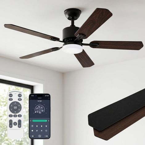 106cm ventilateur plafond avec lumière et Telecommande, Plafonnier Ventilateur Silencieux, Moteur DC Réversible, 5 Pales Bois Double Face, 6 Vitesses, 3 Couleurs, Minuterie, Chambre Salon, Noir (1/5)