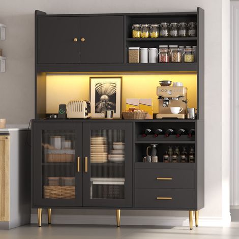 Buffet de cuisine haut 130x40x172 cm - éclairage led - extensible - port usb - grand rangement - rangement pour bouteilles - anti-basculement - blanc (1/5)
