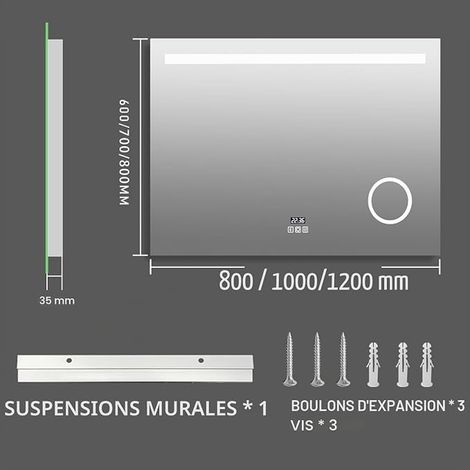 Illuminated Bathroom Mirror 120 x 80 cm LED Bathroom Wall Mirror with Illumination - Bluetooth, Anti-Fog, 3 Lights Dimmable, Clock, Plug, 3X Magnifying Glass, Rectangular, Touch (1/4)