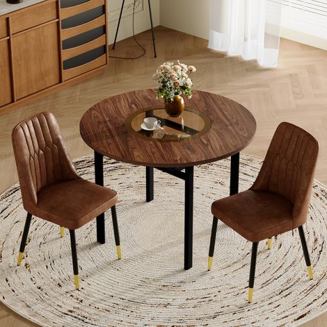 Ensemble table ronde 100 cm en MDF aspect bois avec 2 fauteuils marron en tissu technique et pieds métal noirs (1/5)