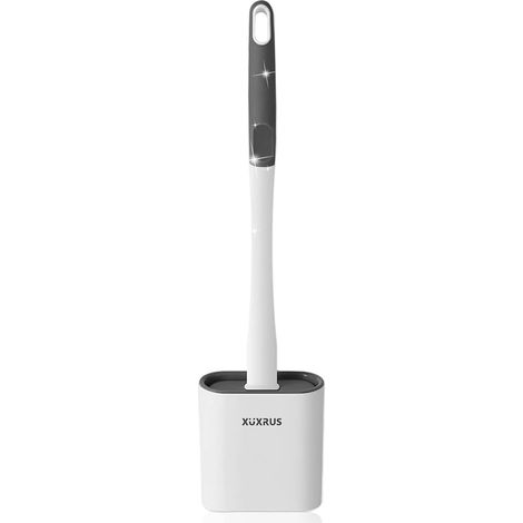 Brosse WC flexible en silicone avec long manche antidérapant et base anti-goutte, nettoyeur en profondeur pour cuvette de toilette de salle de bain (montage au sol/mur), blanc (1/5)
