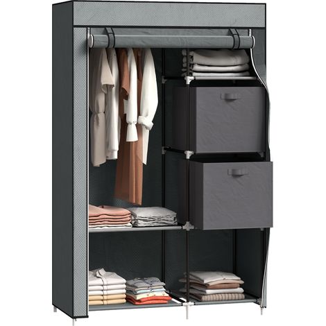Portable Fabric Wardrobe with 5 Compartments and Hanging Rail, Clothes Storage Unit with 2 Drawers, Dark Grey, 102 x 42.5 x 162.5cm