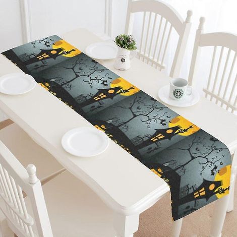 Halloween-Tischläufer „Dunkle Nacht“, 35 x 180 cm, mit Kürbis-, Burg- und Baummotiv, für Hochzeitsfeiern und Bankette (1/3)