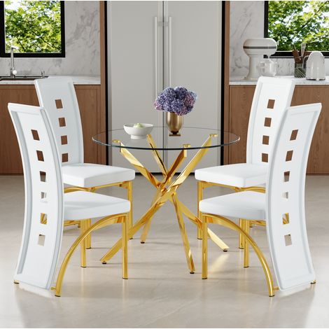 Lot de 4 chaises et table de salle à manger ronde 88 cm en verre trempé, cuir régénéré blanc et métal doré, hauteur table 75 cm, pour petits espaces FLORAGRACE (1/5)