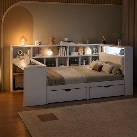 MEUBLIV Letto 90x200 cm bianco – con scrivania, vani contenitori, LED, senza materasso (1/5)