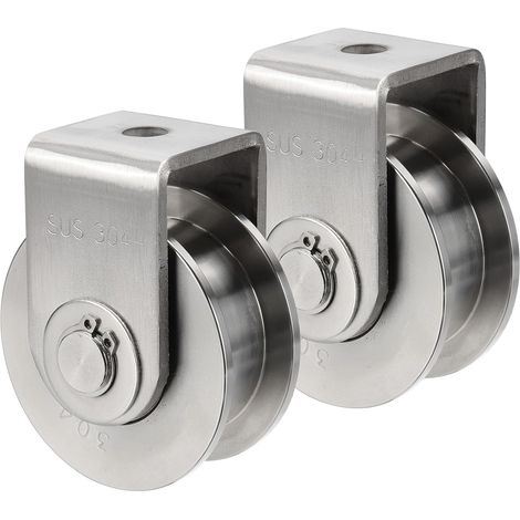 Juego de 2 ruedas con ranura en H y soporte, rueda de carril de acero inoxidable, diámetro de 6,9 cm, capacidad de carga de 300 kg, ruedas rígidas de alta resistencia para maquinaria de puertas indust (1/4)