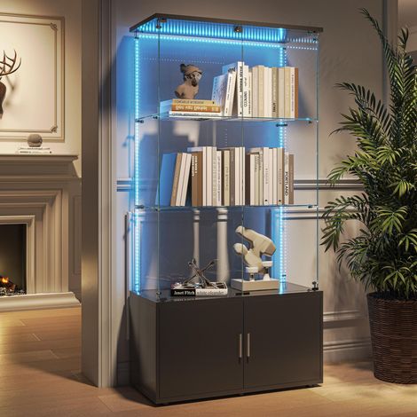 Glasvitrine 164x78,5x35 cm - Sammlervitrine mit LED und Schloss - 3 Glasböden und Unterschrank - Hartglas & Holz - Schwarz