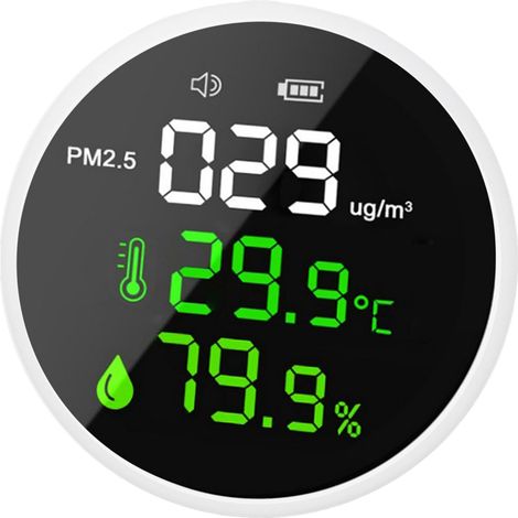 Détecteur air qualité DM1305E 3-en-1 : mesure PM2.5, température et humidité, moniteur compact certifié CE/ROHS, avec vidéo démo, batterie intégrée incluse, capteur de particules fines portable. (1/5)