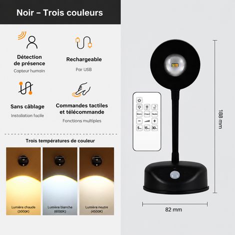 Applique murale LED rechargeable avec télécommande noir 3 couleurs 1200 mAh noir 1200mah réf 6628 11,5 × 9 × 9 cm 216 g – Livraison gratuite