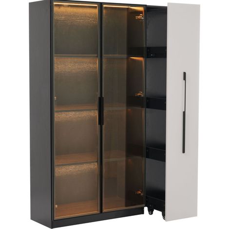 Armoire multifonction 110,5×35×160 cm avec vitrine en verre LED, tiroir coulissant latéral, design moderne blanc et noir (1/5)