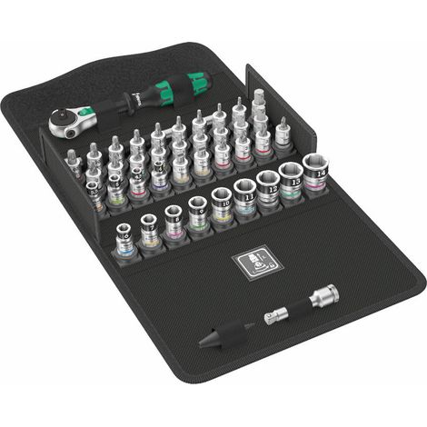 Wera – Coffret cliquet et douilles 42 pièces – Cliquet 1/4" avec fonction de retenue – Douilles TORX® et à six pans – Boîte textile compacte