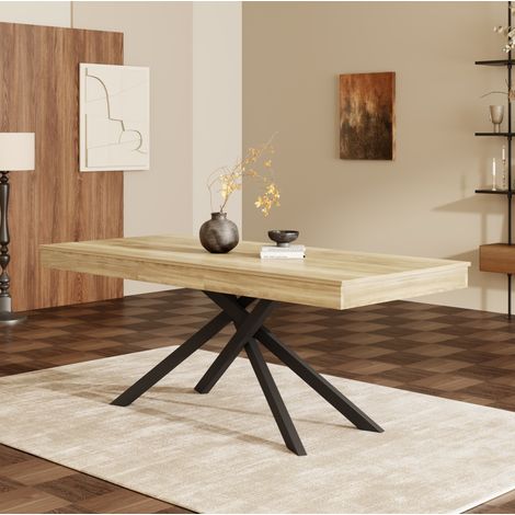 Ausziehbarer Esstisch 140-180x80 cm Eiche in MDF mit 9,3 cm Tischplatte und stabilem Kreuzgestell (1/5)