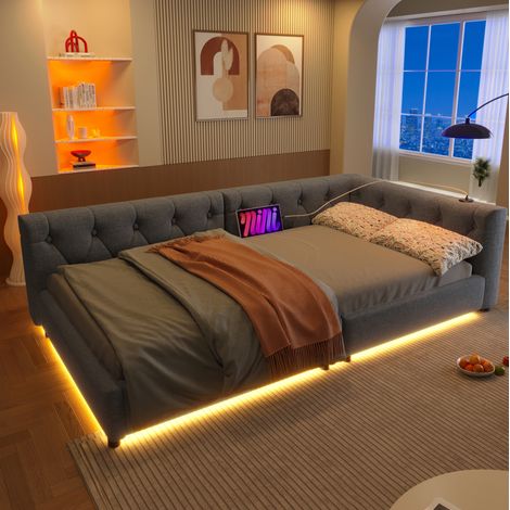 Bett Tagesbett Ladefunktion 90x200 Leinen Grau OKMYHOME (1/5)