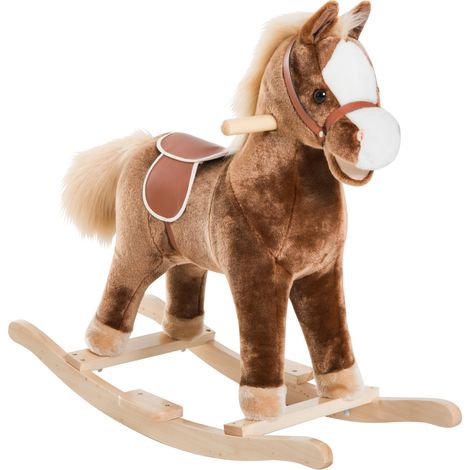 Cheval à Bascule Cheval de Cowboy Selle Grand Confort pour Enfants de 36+Mois Peluche Courte Douce Bois peuplier Charge 40 Kg Brun Blanc